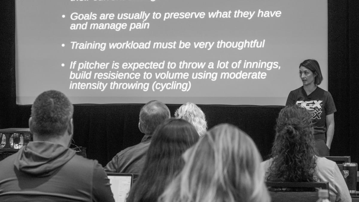Speaker presenting pitching workload strategies at Pitchstock